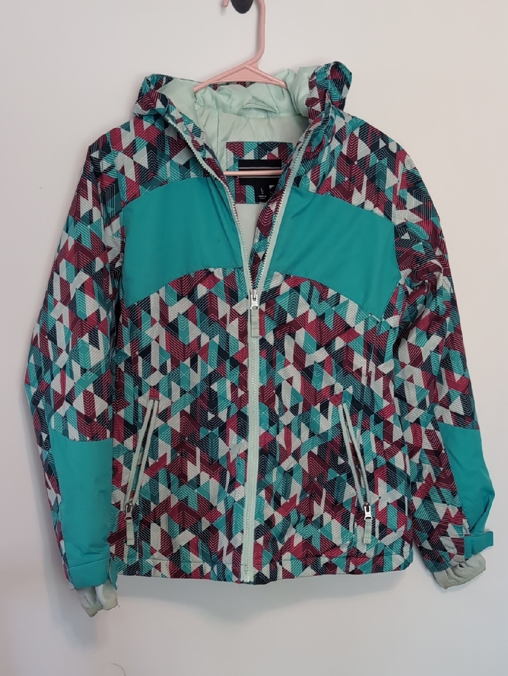 Lands End Girls Teal Magenta Geometric Full ZIP Coat Size Large